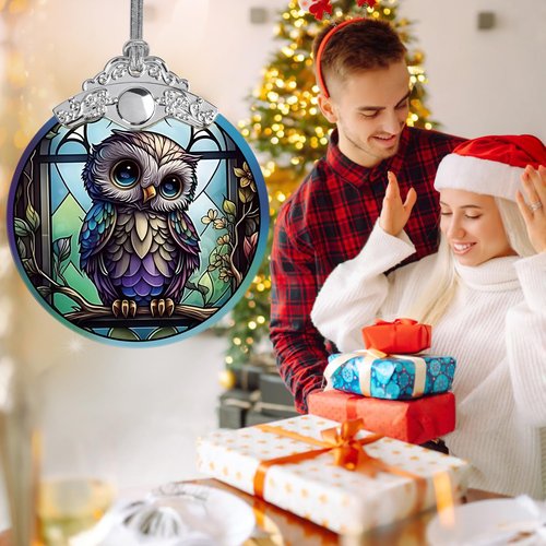Jocidea Owl Christmas Ornaments - Stained Glass Holiday Decorations, Tree Ornaments, Xmas Gifts for Owl Lovers