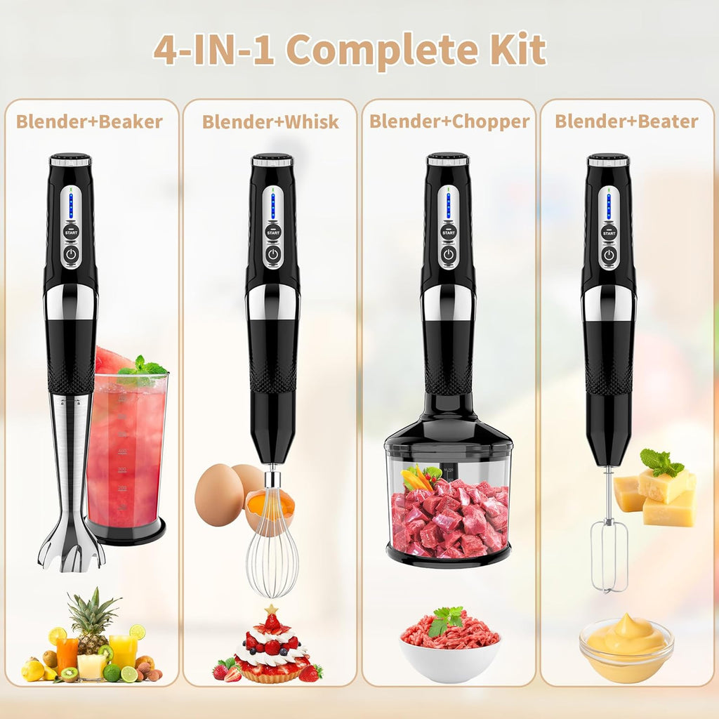 Toogel Cordless Immersion Blender - 4-in-1 Electric Hand Blender with 21 Speeds & USB Rechargeable | BPA-Free, Dishwasher Safe (Black)