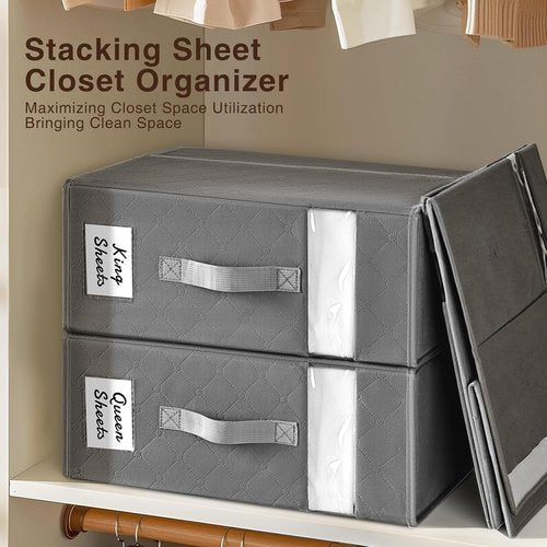 Homsorout Bed Sheet Organizers - Foldable Storage with Window & Labels | XL Grey Bedding Set, 6 Pack