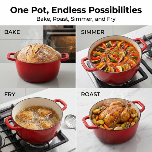 WOKINS 7QT Enamel Cast Iron Dutch Oven with Lid,Dual Handles,Versatile Heavy-Duty Non-toxic Cookware for Sourdough Bread Baking,Braising,Stews,Roasting,Oven Safe up to 500°F red