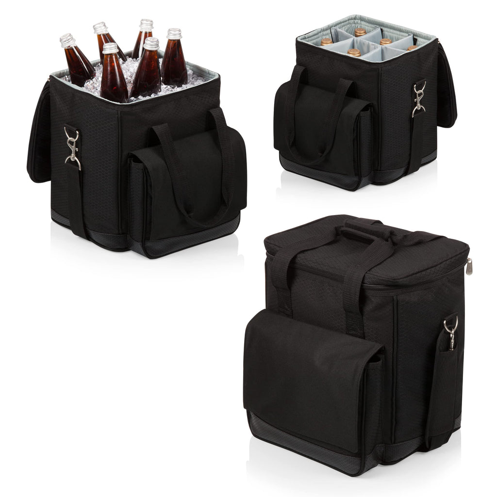 PICNIC TIME Cellar 6-Bottle Wine Carrier & Cooler Tote, Insulated Padded Wine Cooler Bag for Travel, Portable Bag with Polyester Exterior and Water-Resistant Base, (Black with Gray Accents)
