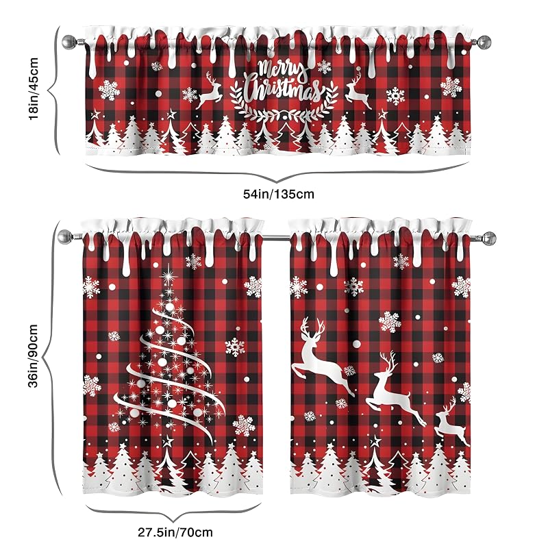 Merry Christmas Kitchen Curtains Set of 3 54x18 Valance + 27.5x36 Panels – Holiday Door & Window Decor
