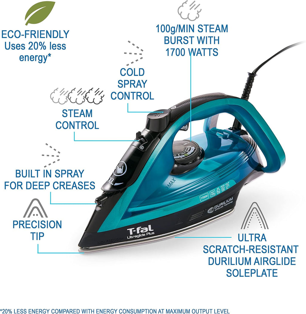 T-Fal Ultraglide Steam Iron - 1800 Watts with Durilium Soleplate, Precision Tip & Auto-Off Feature