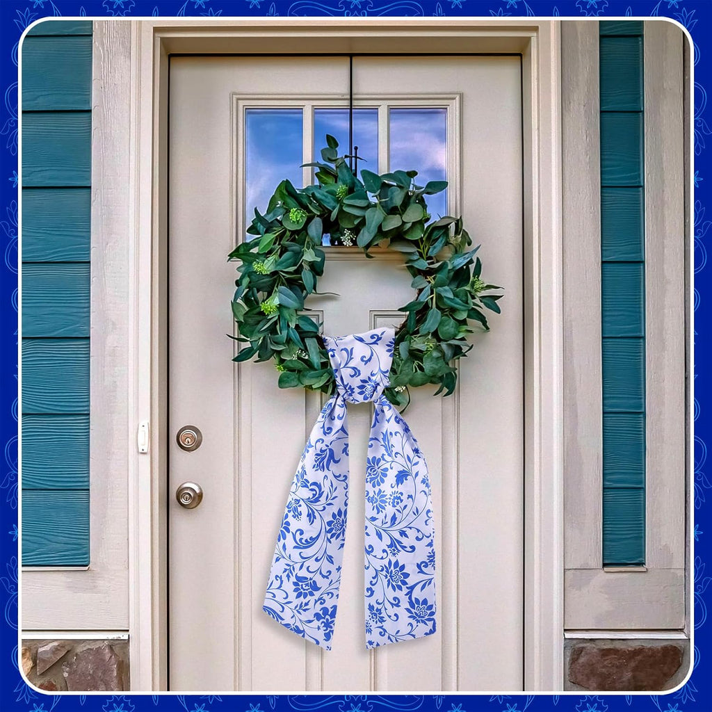 VitalCozy Wreath Sash - 2 Pcs Garland Ribbon Accessories for Indoor/Outdoor Decor | 4.5" W x 56" L (Blue, Chinoiserie)