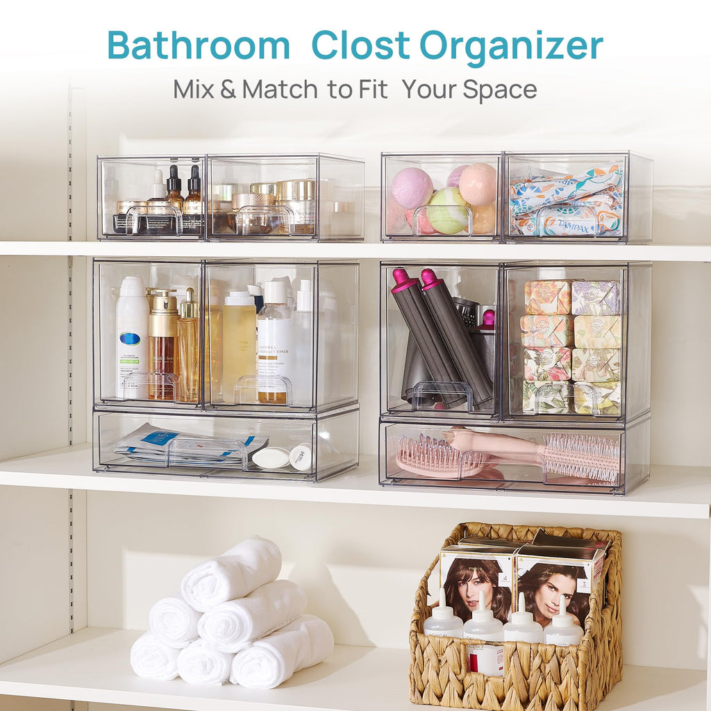 Vtopmart Stackable Storage Drawers Set of 5, Clear Plastic Organizer Bins for Baby Bottle, Beauty Supplies Storage, Ideal for Kichen Countertop, Vanity, Bathroom, Cabinet, Pantry Organization