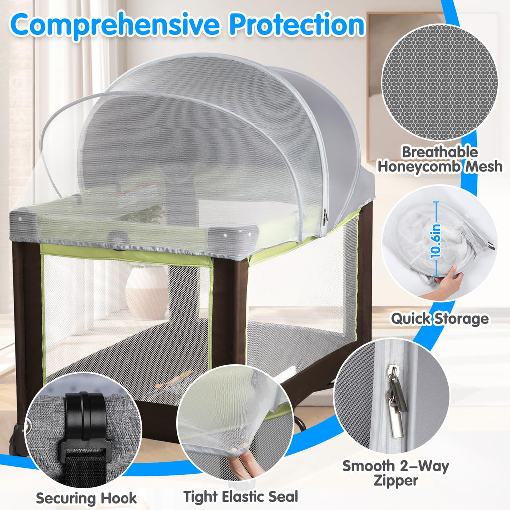 Pack N Play Tent Cover - Light-Blocking Mosquito Net with Two-Way Zipper Portable Bassinet Canopy to Keep Cats Out Bedside Bassinet Insect-Proof Cover, Gray-Large