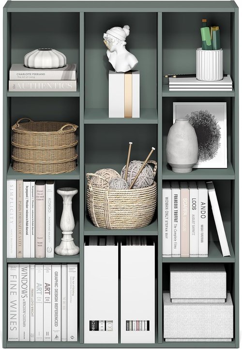 Furinno LUDER Bookshelf - 11-Cube Reversible Bookcase in Sage Green | Easy Assembly for Living Room, Bedroom, Home Office
