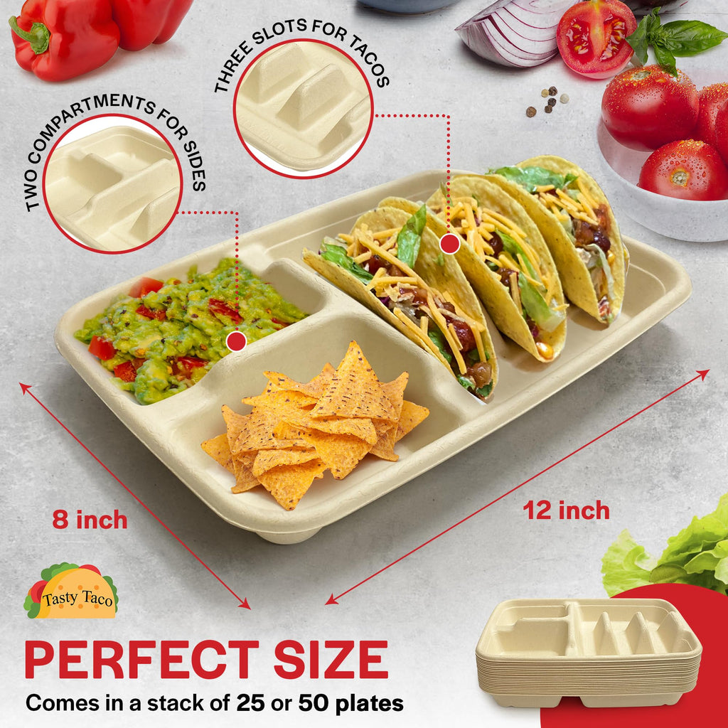 3-Tacos & 2-Sides Taco Plates, Disposable Paper Plates with Dividers – 50 PACK | Taco Tray for Party, Fiesta Taco Holder, Taco Stand for Taco Tuesday & Taco Bar, Microwave-Safe Taco Plates (50 Plates)