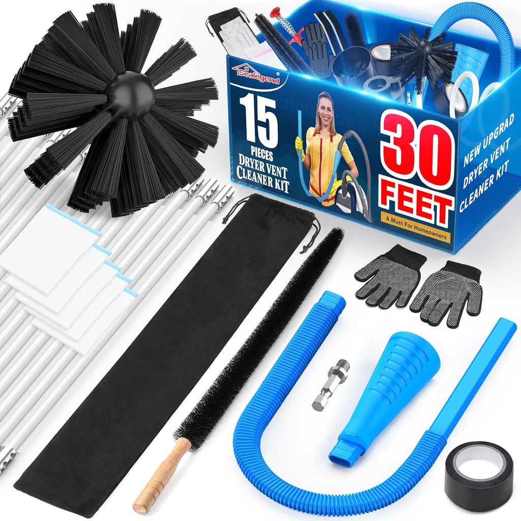 Sealegend 15-Piece Dryer Vent Cleaner Kit - 25-Foot Lint Vacuum Attachment & Brush Set (Blue)