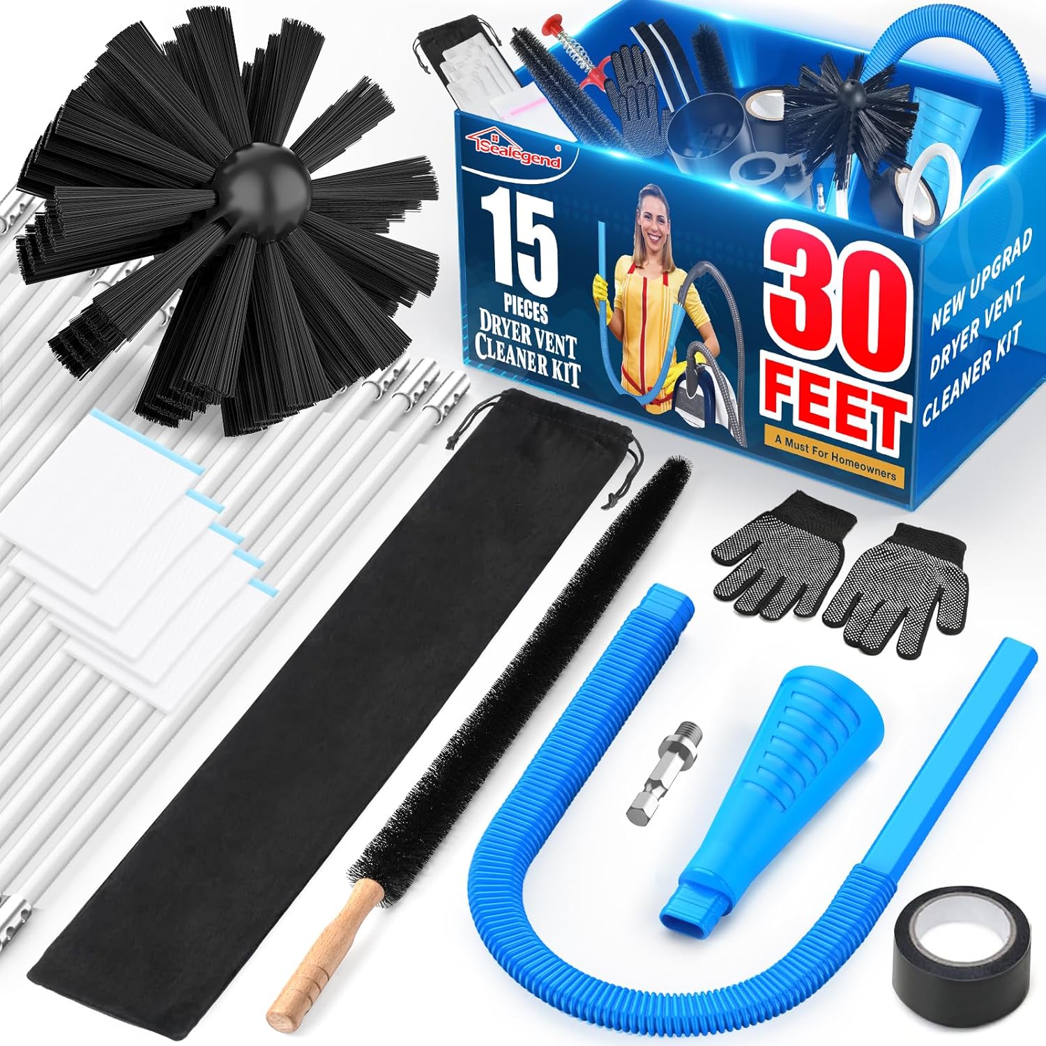 Sealegend 15-Piece Dryer Vent Cleaner Kit - 25-Foot Lint Vacuum Attachment & Brush Set (Blue)