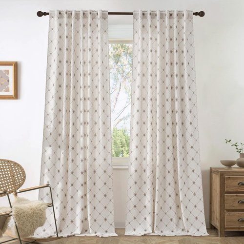 NICETOWN Linen Blend (250GSM) Semi Sheer Curtains 84 inches Long, Retro & Elegant Diamond Pattern Pocket & Back Tab Window Drapes Privacy with Light Filtering for Bedroom, W52 x L84, 2 Panels