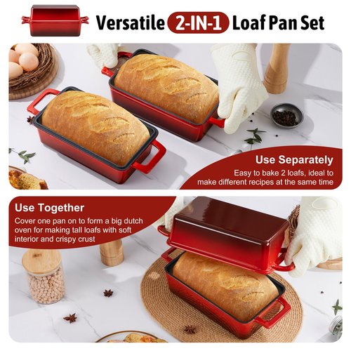 P&P CHEF 2-In-1 9 x 5 Inch Cast Iron Loaf Pan with Lid (Red), Bread Loaf Pans for Baking Homemade Sourdough Bread, Meatloaf, Toast, Cake, Nonstick & Healthy & Sturdy, 2 Piece Set