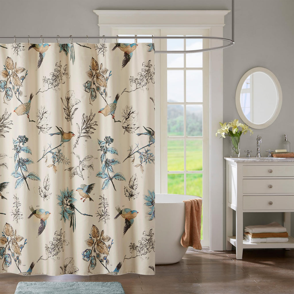 Madison Park Shower Curtain, Bird & Leaf Print, Farmhouse Shower Curtain for Bathroom, Modern Country Bathroom Décor, Machine Washable, Cotton Shower Curtain, Quincy, 72x72" Khaki