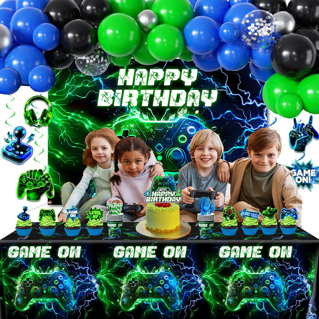 Video Game Birthday Decorations,260pcs Gaming Party Decorations Gamer Birthday Party Decorations Plates and Napkins Cups Tablecloth, Game Party Decorations for Boys Cake Topper Hanging Swirls