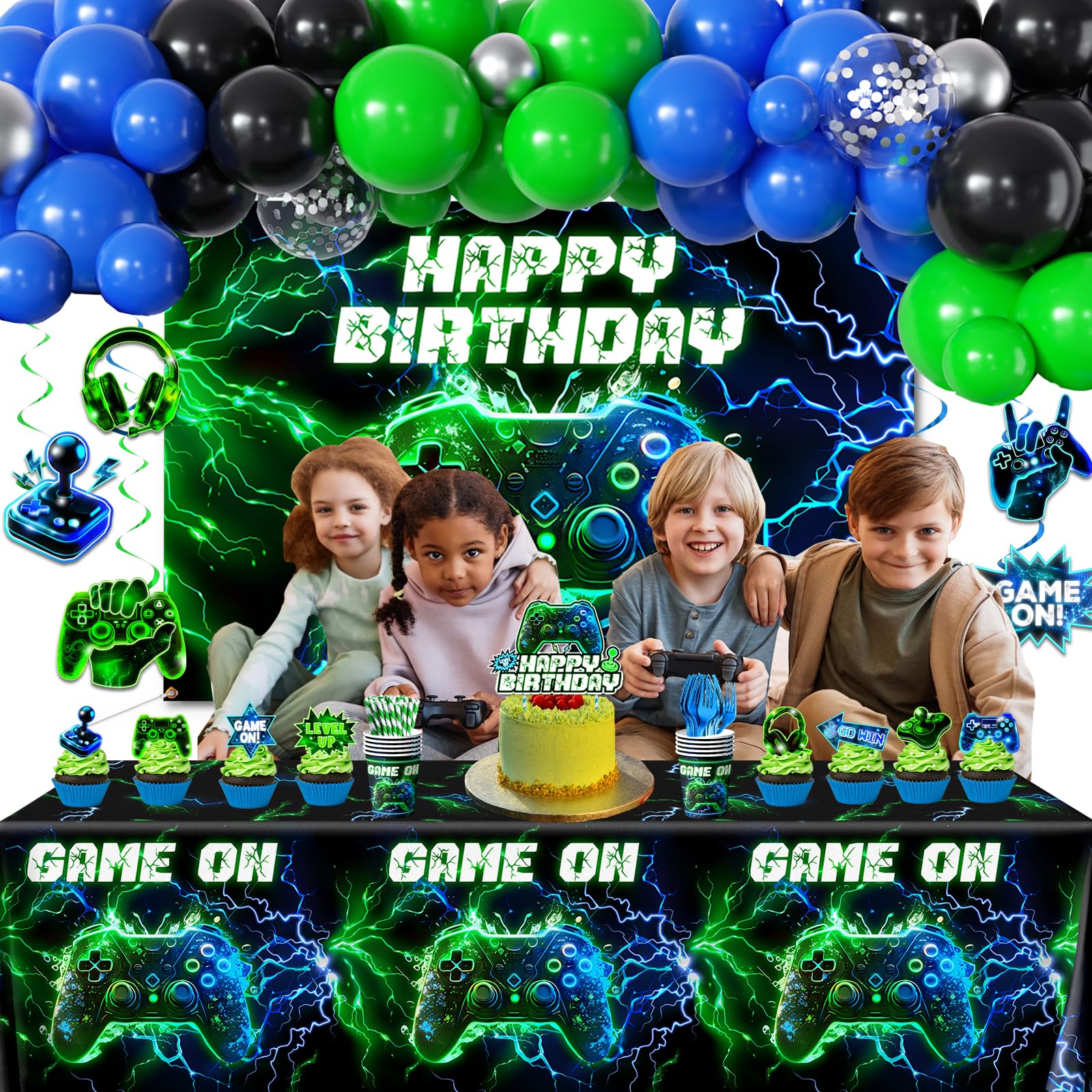 Video Game Birthday Decorations,260pcs Gaming Party Decorations Gamer Birthday Party Decorations Plates and Napkins Cups Tablecloth, Game Party Decorations for Boys Cake Topper Hanging Swirls