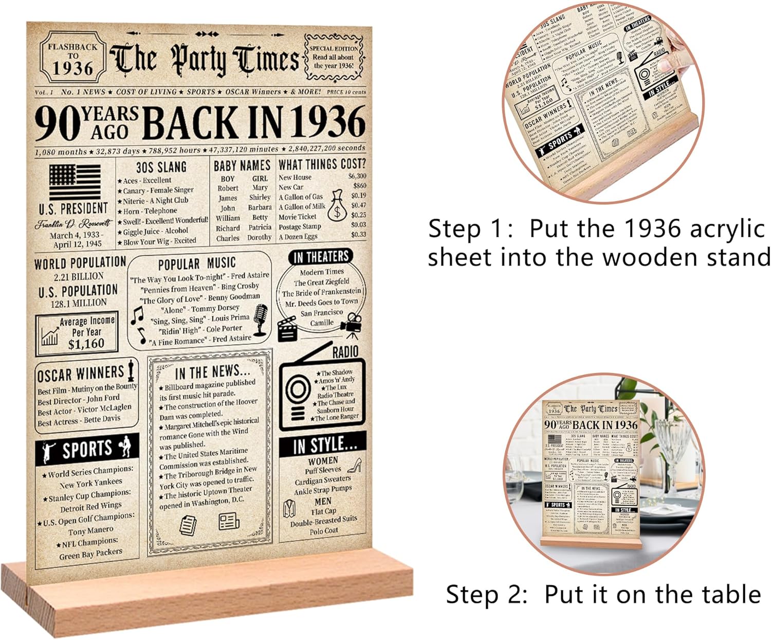 Trgowaul 90th Birthday Decorations - Vintage 1936 Acrylic Table Sign with Stand | Perfect Gift for Him or Her