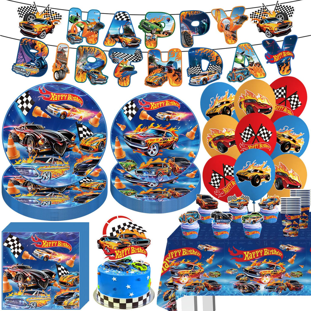 Hot Car Birthday Decorations Tableware 104Pcs Blue Car Themed Party Supplies Include Banner Balloons Plates Napkins Cups Tablecloth Cupcake Toppers and Cake Topper for Birthday Party Decor Sever 20