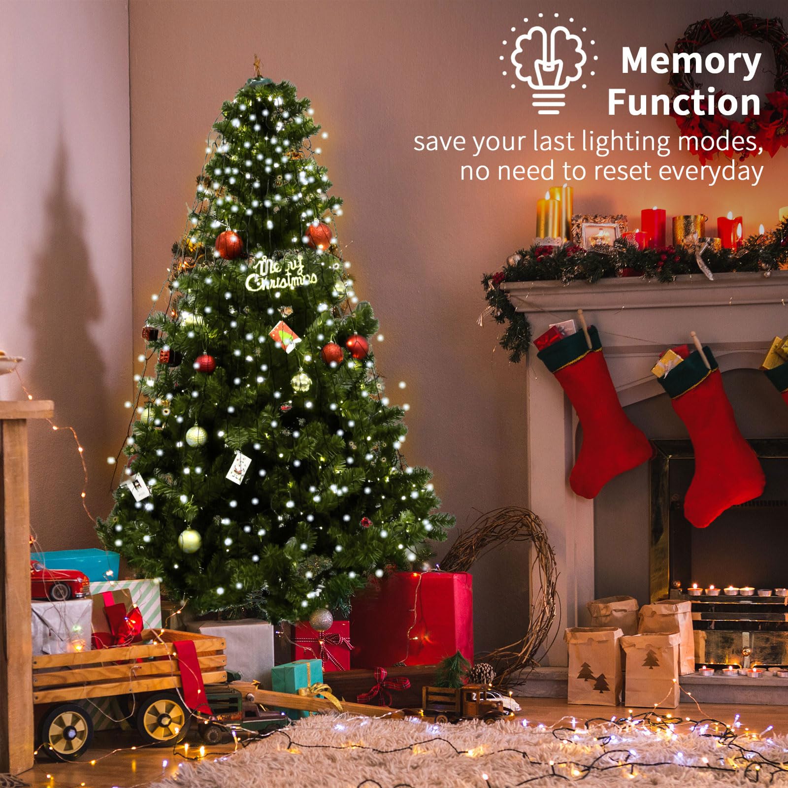BOLWEO Christmas Tree Lights 592LED 16 Lines 8 Modes for 8 ft Tree, UL Certified Indoor/Outdoor Christmas Decorations 16 * 9.8ft Drops Cool White