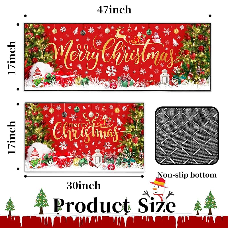 Merry Christmas Kitchen Rugs Set of 2, 17x47 and 17x30, Non-Slip Washable Mats for Christmas Decor
