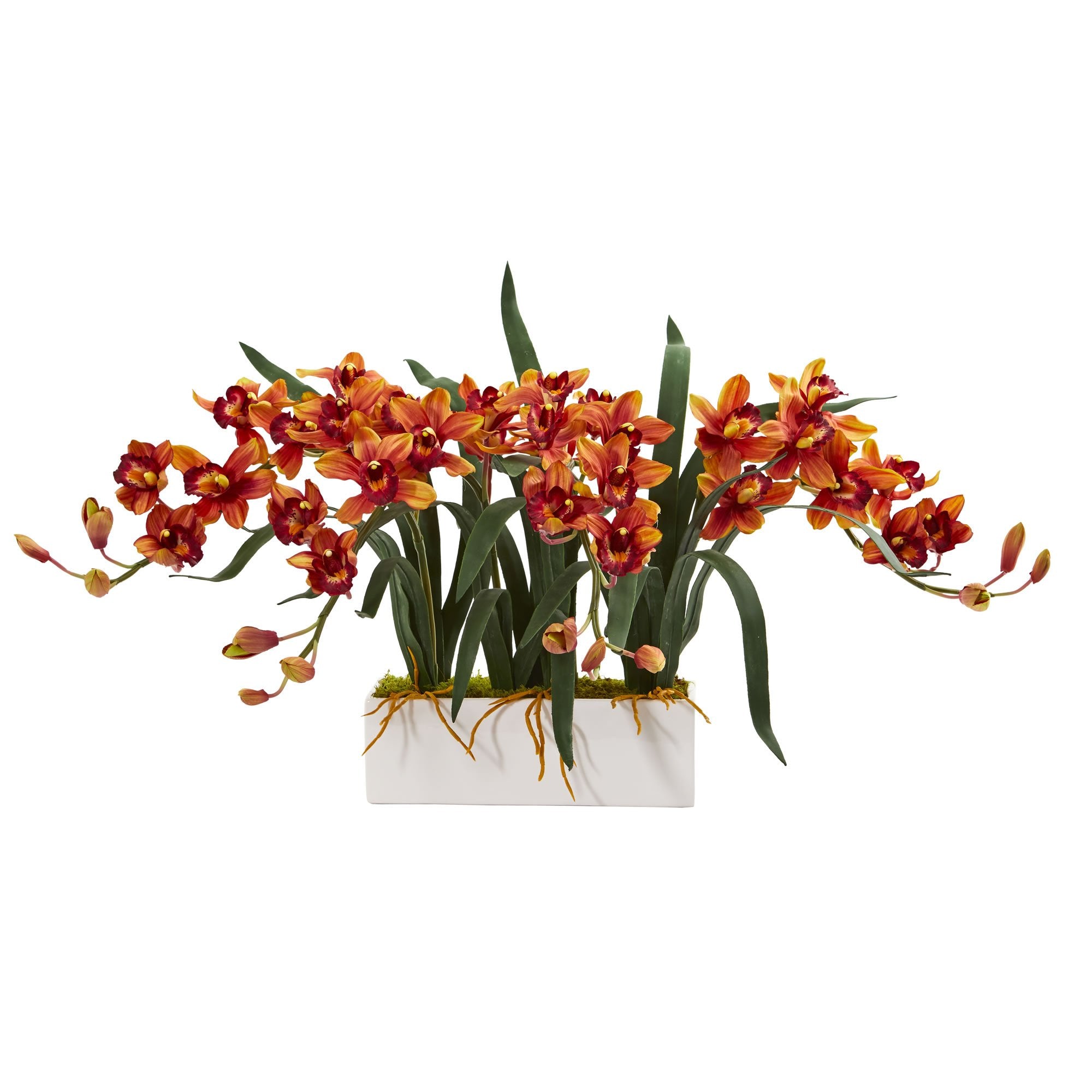 Nearly Natural Cymbidium Artificial Arrangement in White Vase