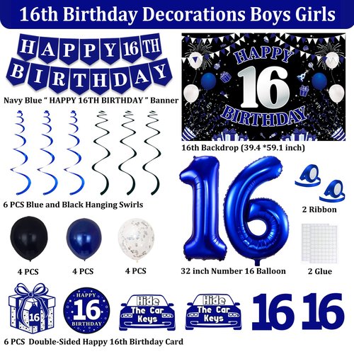 16th Birthday Decorations for Boys Girls, Blue Black Happy 16th Birthday Party Decorations, Happy 16th Birthday Backdrop, 16 Foil Balloons, Banner, Balloons, Hanging Swirls, Birthday Cards Set 45pcs