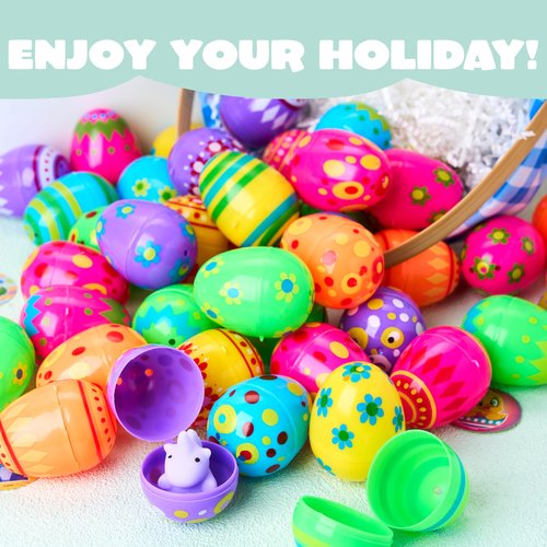 JOYIN 50 Pcs Plastic Printed Bright Easter Eggs 2.3" Tall for Easter Hunt, Basket Stuffers Fillers, Classroom Prize Supplies, Filling Treats and Party Favor