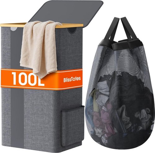 BlissTotes Laundry Basket - 100L Clothes Hamper with Lid & Removable Bag | Breathable Design - Light Grey