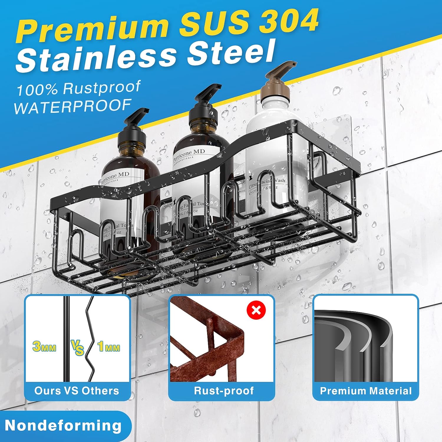 Skiennix Shower Caddy 2 Pack - Adhesive Bathroom Organizer with Large Capacity | Rustproof Stainless Steel