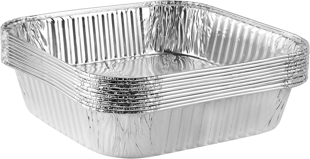 PLASTICPRO Disposable Aluminum Baking Pans - 8'' Square Foil Bakeware for Cakes & Lasagna | Pack of 10
