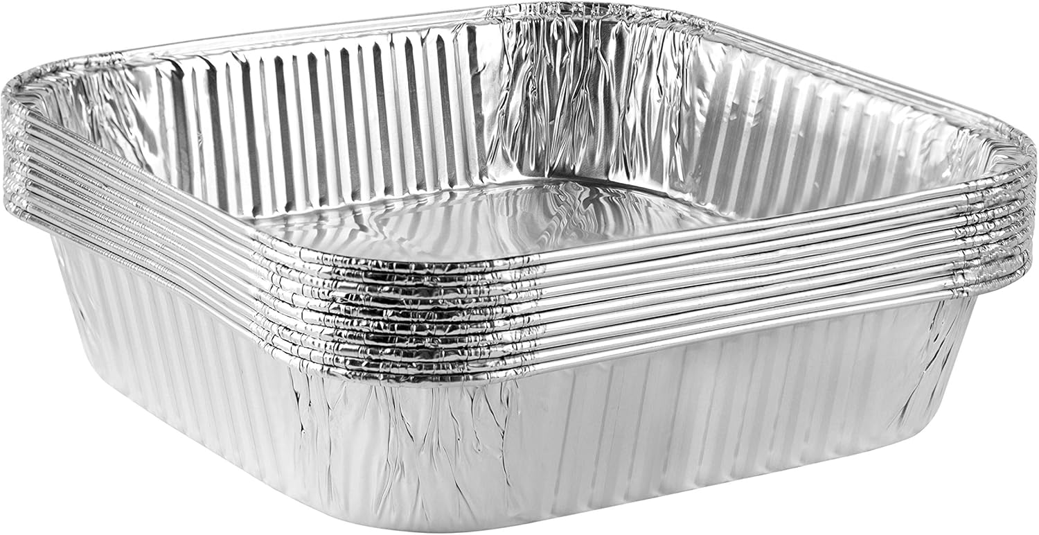 PLASTICPRO Disposable Aluminum Baking Pans - 8'' Square Foil Bakeware for Cakes & Lasagna | Pack of 10