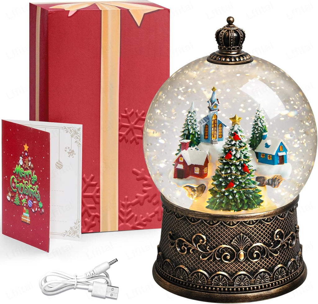Skiennix Christmas Snow Globe Lantern - Lighted Indoor Decorations with Music Timer & Glitter | Mountain Church Design
