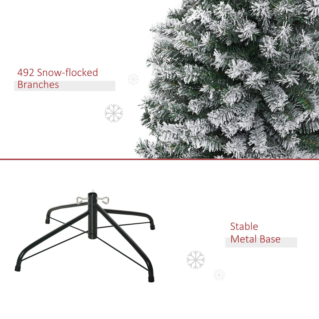 HOMOM 6ft Flocked Christmas Tree, Pencil Artificial Xmas Tree with Faux Snow, Dense Branches, Foldable Metal Base for Indoor Holiday Decor