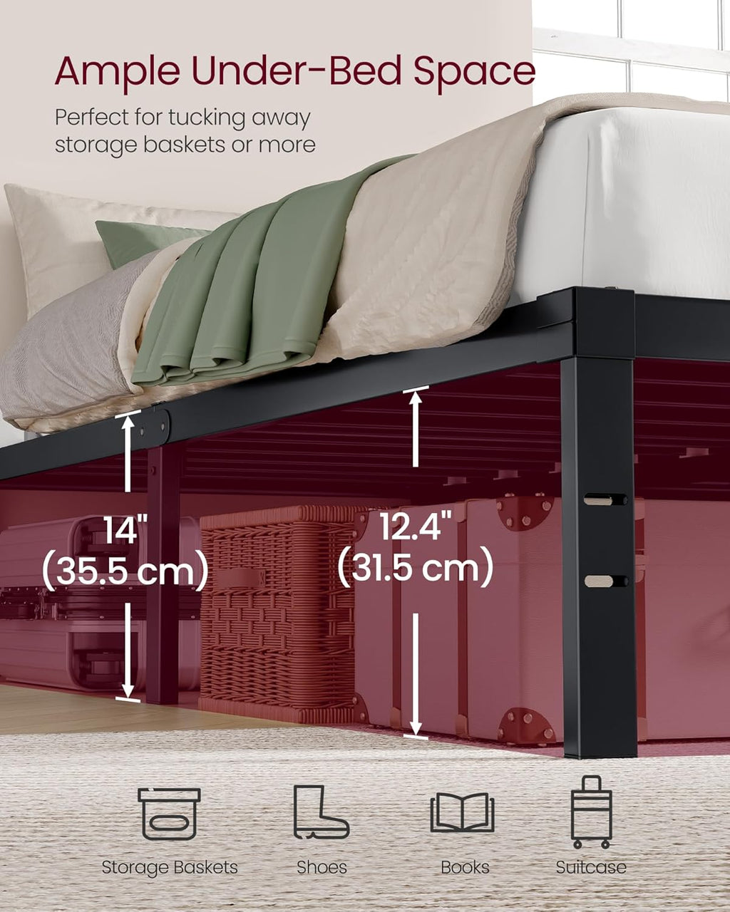 VASAGLE Full Metal Bed Frame - 14-Inch Tall, Heavy-Duty Design with Under-Bed Storage | No Box Spring Needed, Matte Black