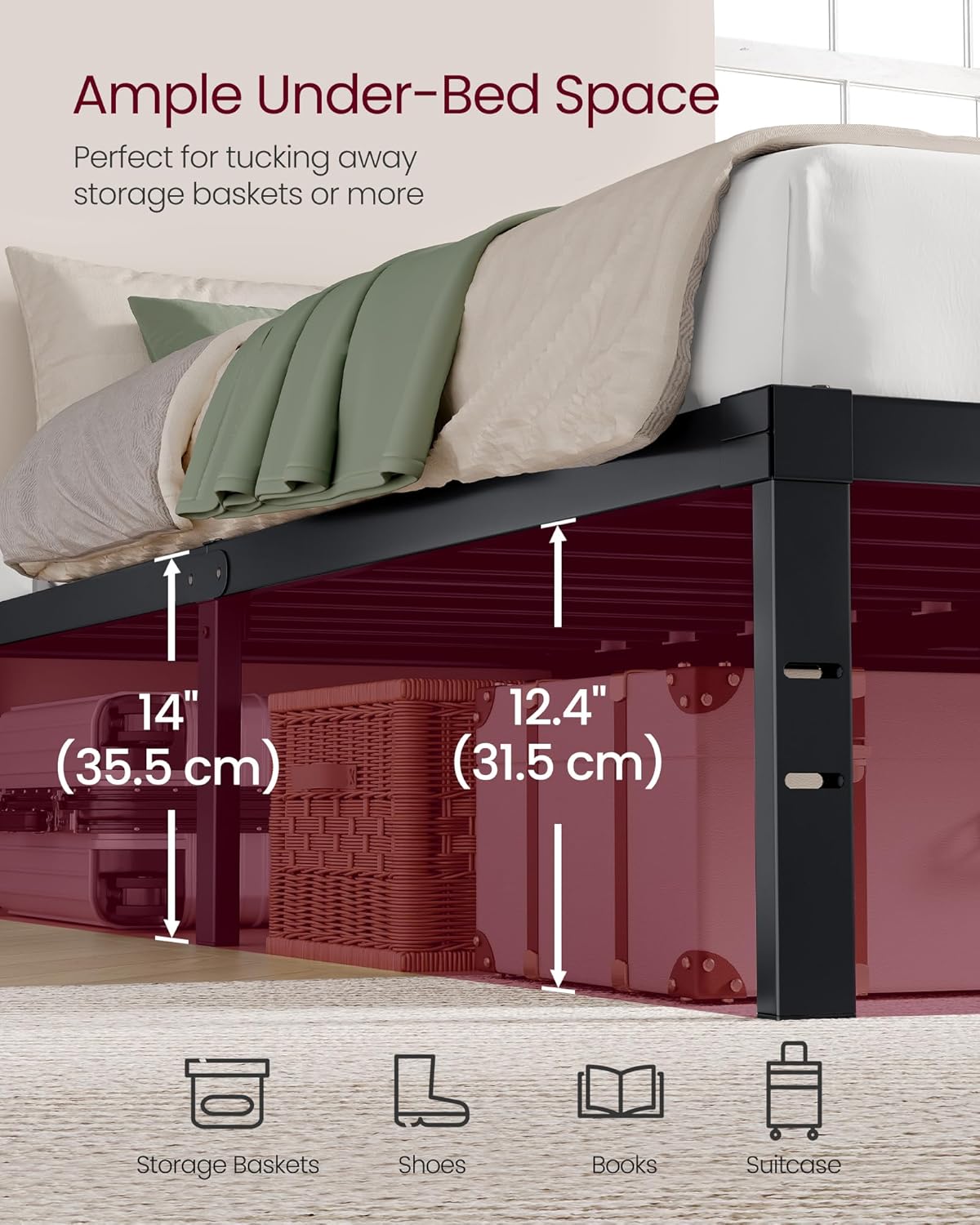 VASAGLE Full Metal Bed Frame - 14-Inch Tall, Heavy-Duty Design with Under-Bed Storage | No Box Spring Needed, Matte Black
