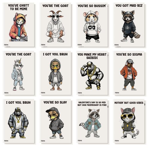 Yinder 24 Set Mini Valentines Day Cards with Envelopes Animal Retro Hip Hop Slang Funny Slang Valentine's Day Cards Assortment for Classroom Office Family Friends Valentines Gifts for Classroom Home
