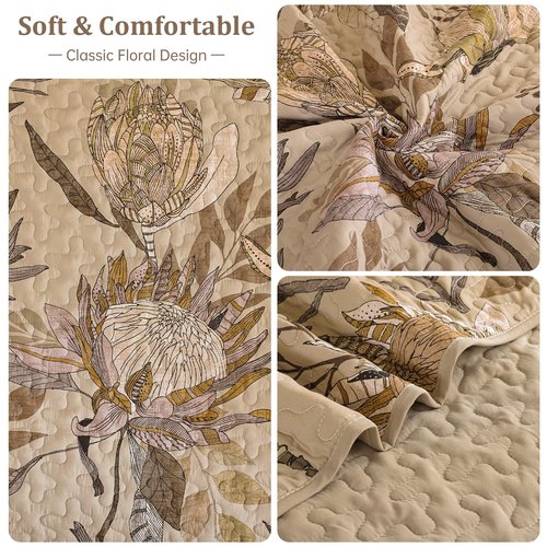 Dintszyayue King Size Quilts Brown, 3 Pieces Boho Floral Bedspread Bedding for King Size Bed, Soft Lightweight Microfiber Coverlet Set for All Season Quilt with 2 Pillowcases