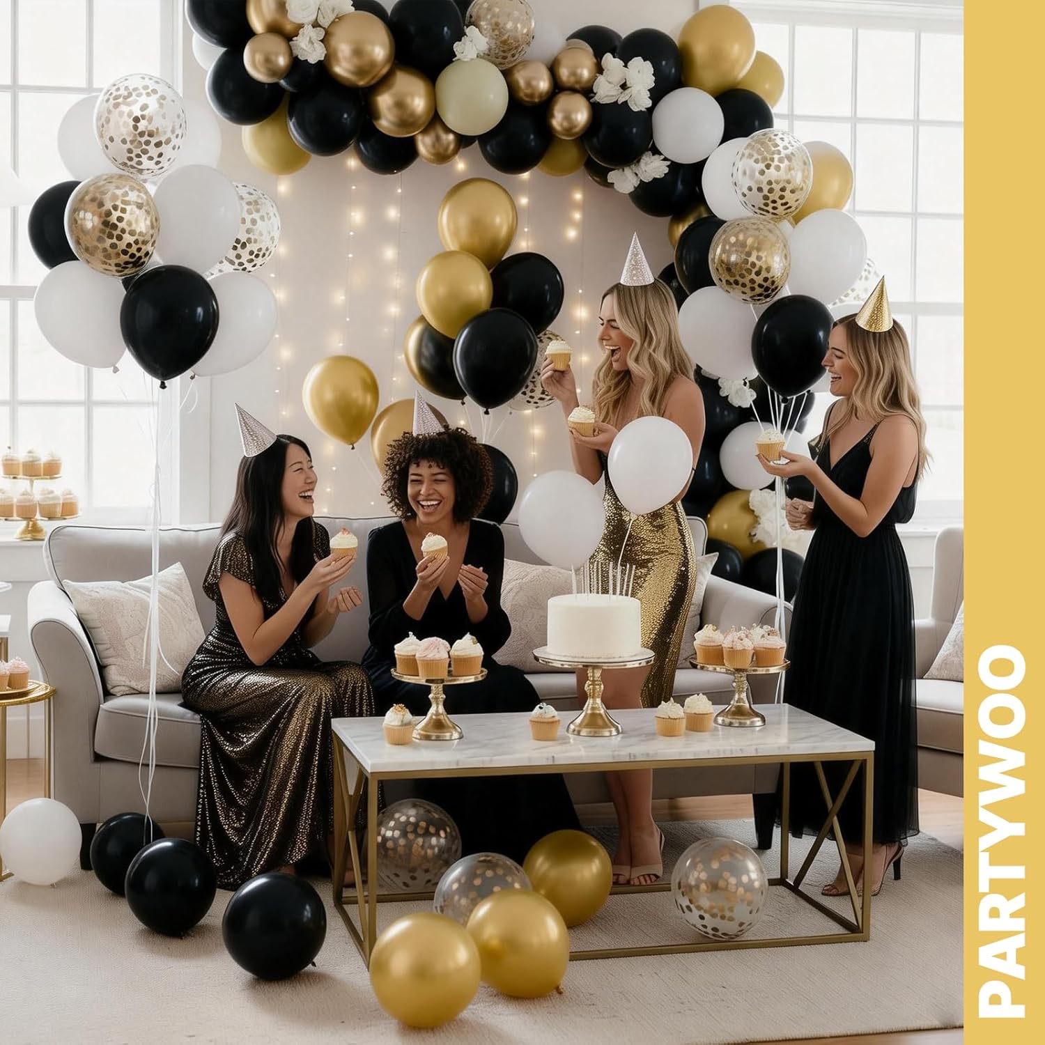 PartyWoo Gold & Black Balloons - 100pcs 12-Inch Metallic Balloons for Celebrations & Events