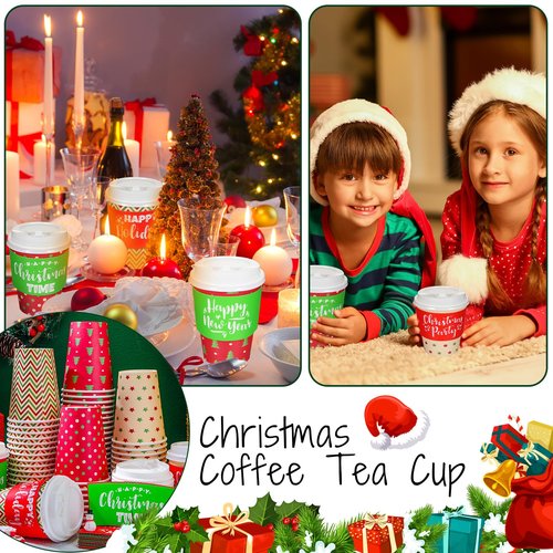 Zhehao 160 Sets/ 480 Pcs Disposable Coffee Cups Christmas Paper Cups with Lids and Sleeves for Cold Drink Tea Hot Cocoa Chocolate Holiday Xmas Party Supplies, 4 Designs(Classic Style, 12 oz)