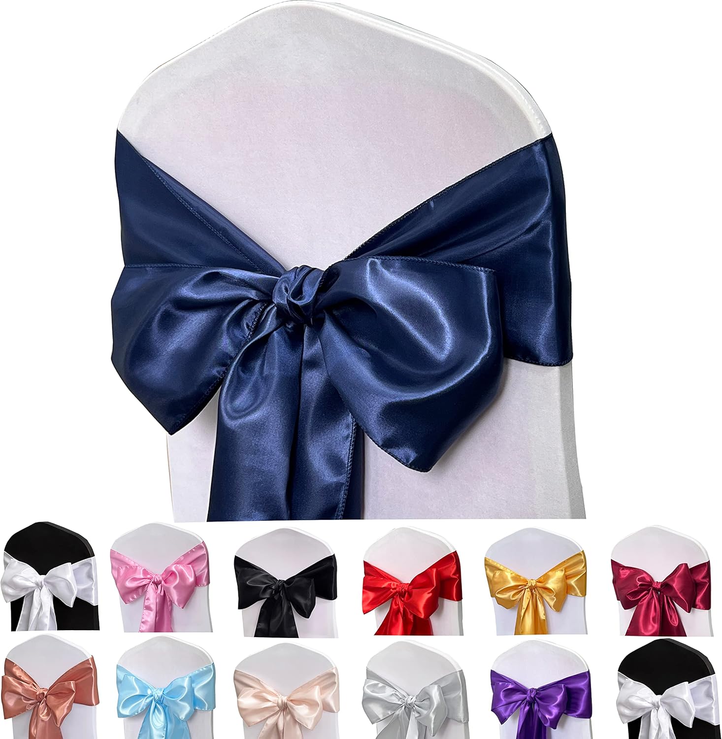Skiennix Satin Chair Sashes - 50PCS Navy Blue Ribbon Ties for Wedding & Event Decor