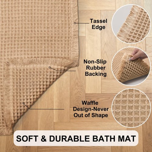 Hiasan Waffle Bath Mat, Super Absorbent Non Slip Bathroom Boho Rug with Tassels, Machine Washable Bath Mats for Bathroom, Ultra Soft Rubber Backed Rug, Brown, 20 x 32 Inches