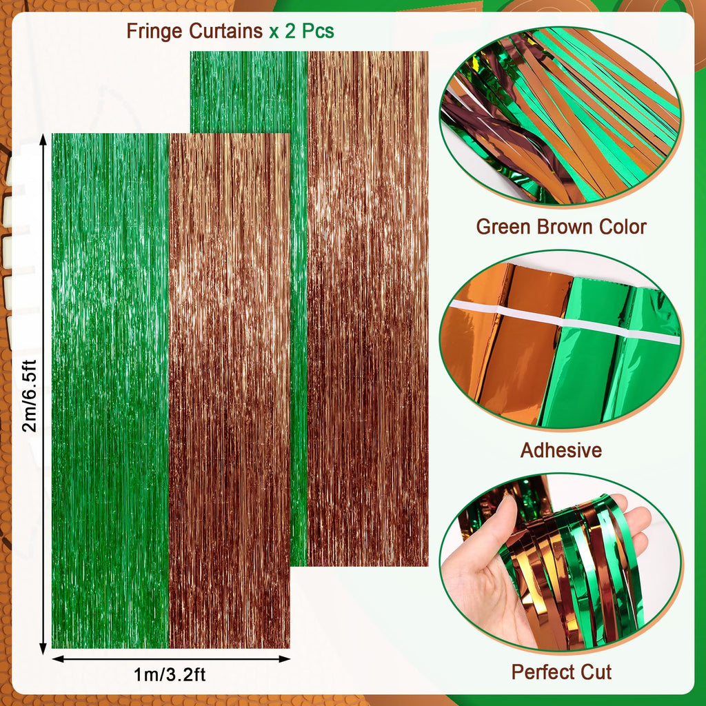 130 PCS Football Balloon Garland Arch Kit - Sage Green & Coffee Brown Balloons with Football Foil Balloon Foil Fringe Curtains for Touch Down Rugby Sport Theme Party Decorations