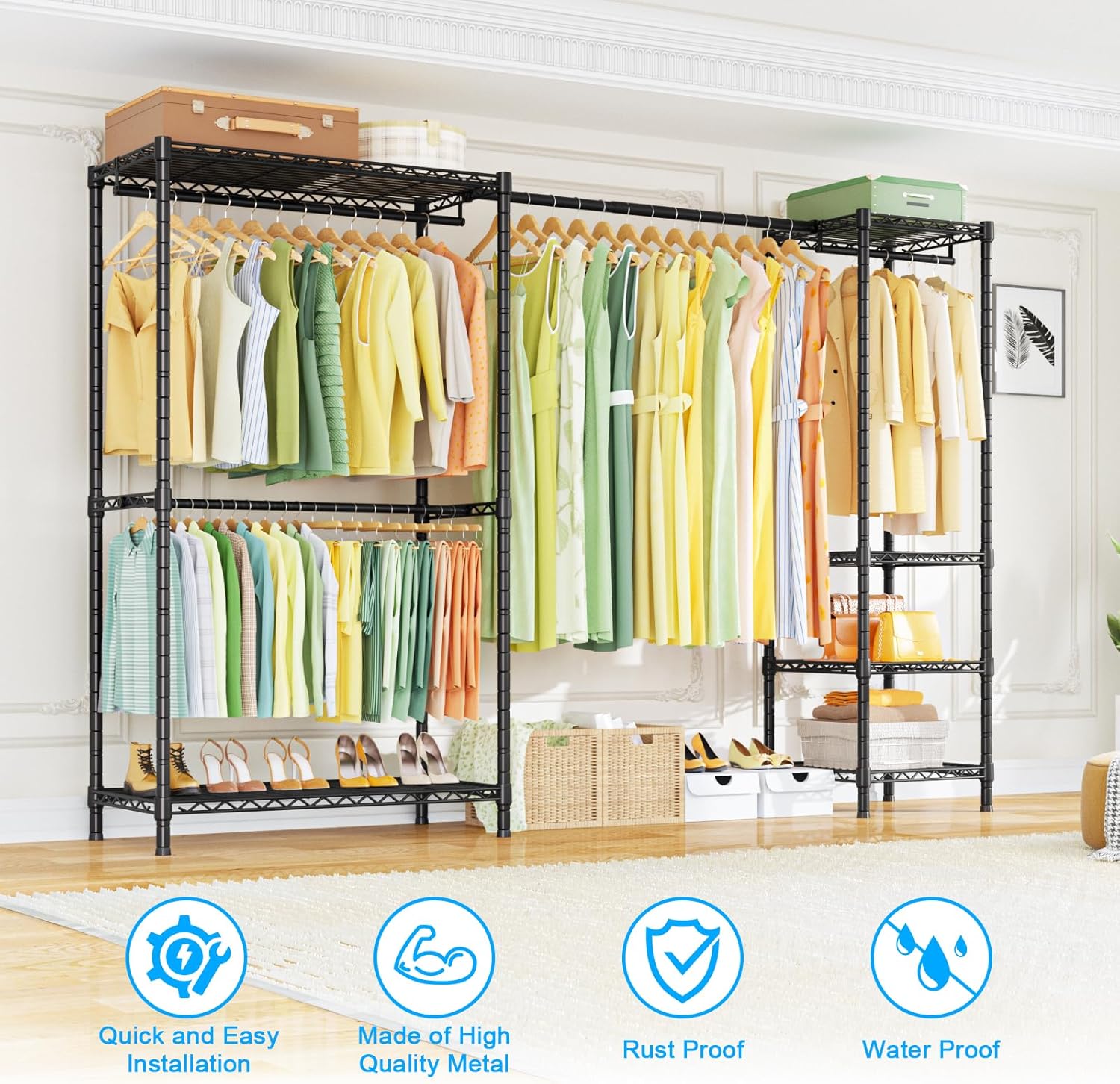 Ulif E10 Clothes Rack - Adjustable Freestanding Clothing Organizer | Portable Garment Rack 73-97"W x 15"D x 72"H, Max Load 800LBS, Black