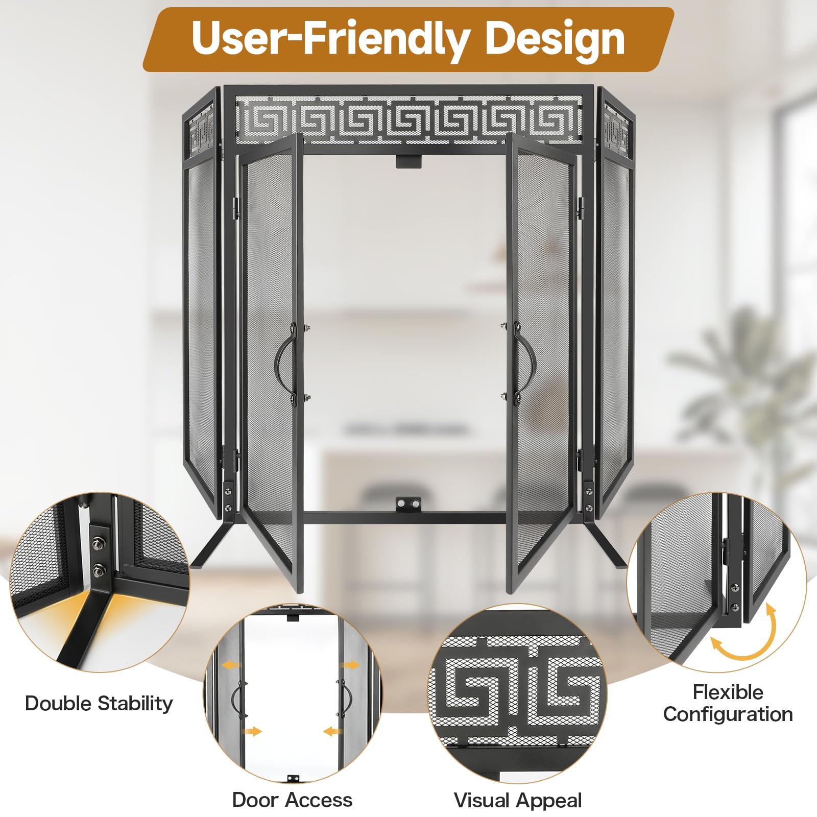 Nouetele Fireplace Screen with Doors, 3 Panel Fire Place Screens Stand Alone, Extra Large Heavy Duty Wrought Iron Spark Guard, Outdoor Metal Mesh Gate for Child Safety, Black 50" W x 32" H