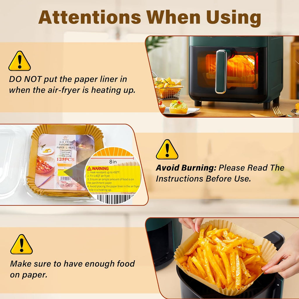 Air Fryer Liners | 125 Pcs Unbleached Non-Stick Parchment Paper | 8 Inch Square for 5-8QT Air Fryers