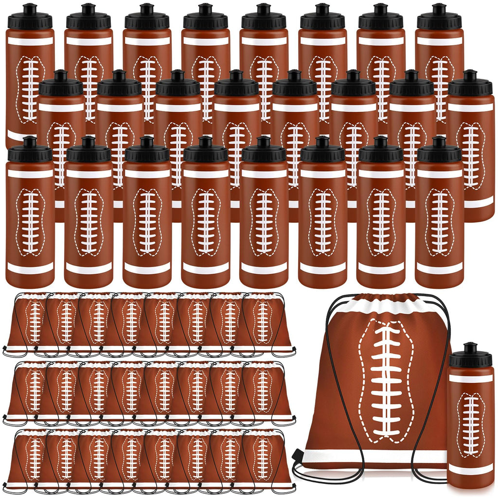 Denylo pro 24 Sets Football Water Bottle with Football Drawstring Bag Set Plastic Brown Water Bottles for Rugby Player Sport Gym Party Favor