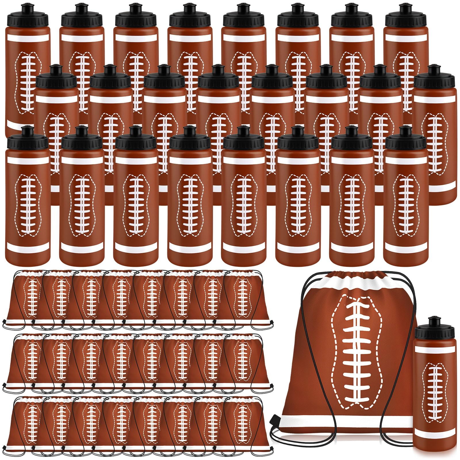 Denylo pro 24 Sets Football Water Bottle with Football Drawstring Bag Set Plastic Brown Water Bottles for Rugby Player Sport Gym Party Favor