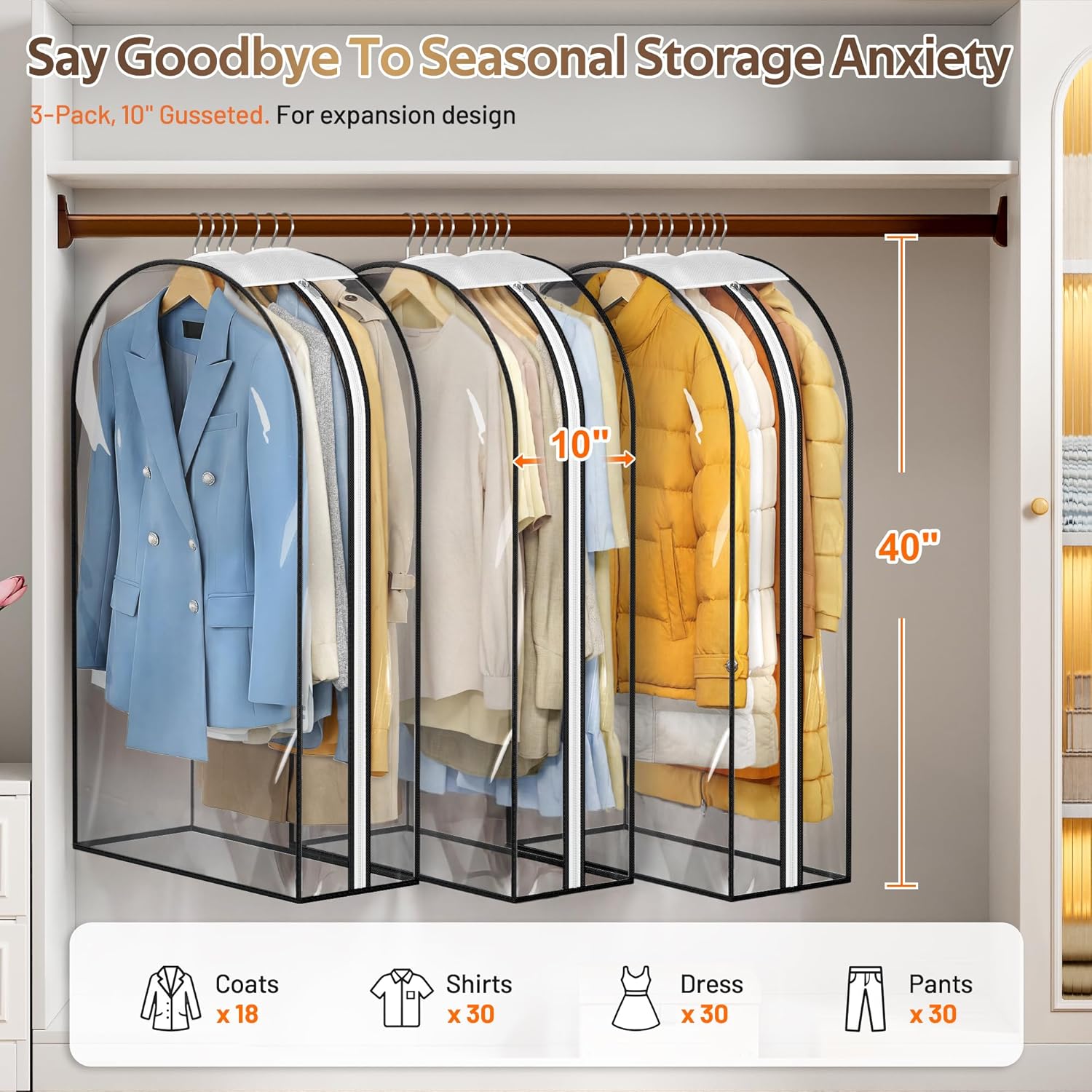 MISSLO 10" Clear Garment Bags - Gusseted Suit Covers for Closet Storage | 3-Pack 40" for Shirts & Dresses