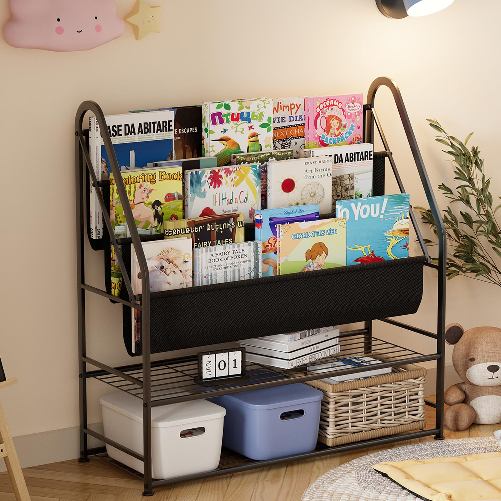 aboxoo Kids Bookshelf Freestanding Bookcase for Living Room, 32 in Book Shelves with 4 Deep Pockets Book Organizer Large Stable Book Unit Storage for Bookstore Library Living Room,Black