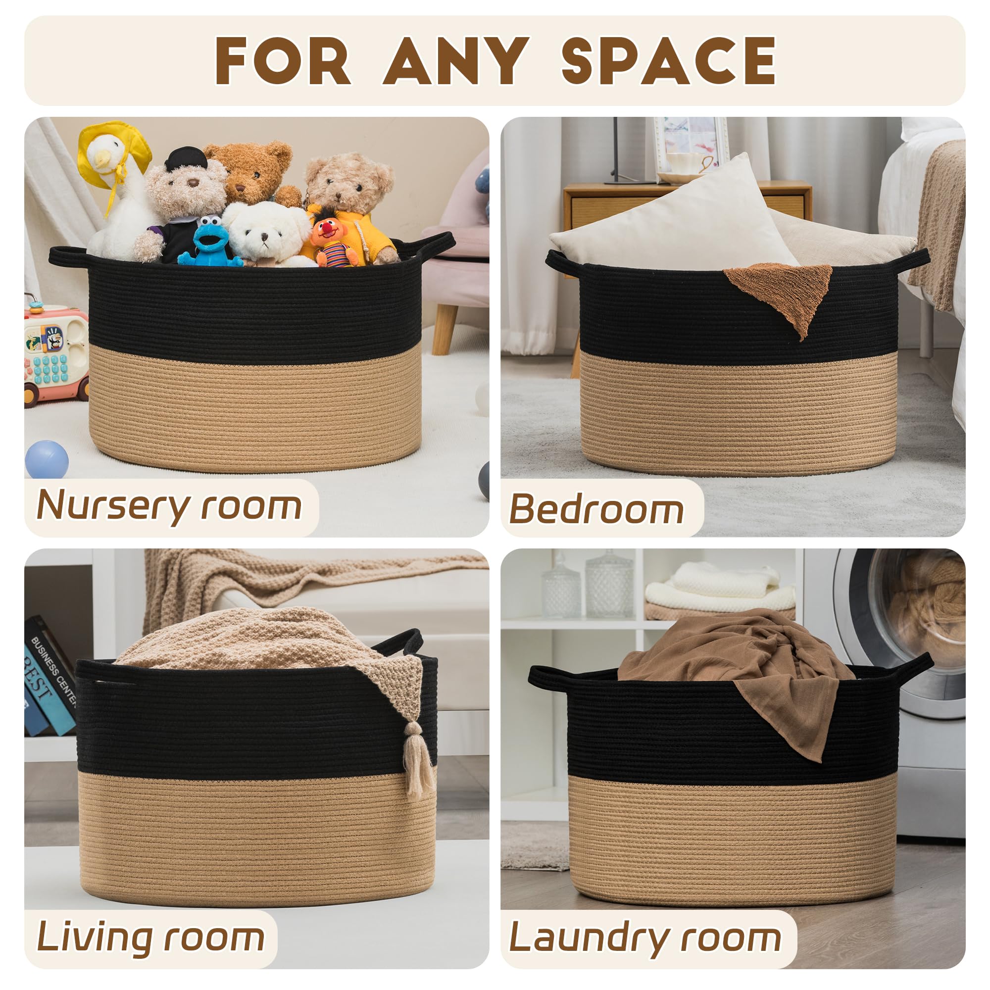 Gosipeya XXXLarge Woven Cotton Rope Basket (21.7" x 13.8") – Blanket Basket for Living Room, Laundry Hamper, Baby Laundry Hamper, Toy Storage, Pillows & Cushions Organizer (Black&Brown)
