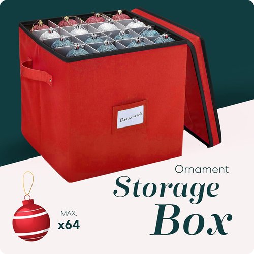 Handy Laundry Christmas Ornament Storage - Holds 64 Ornaments, Adjustable Dividers, Covered Top | Red